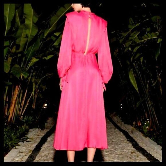 Farm Rio Maxi Dress Cut Out Satin Pink L Shoulder Pad Long-Sleeve Cocktail - Picture 15 of 16